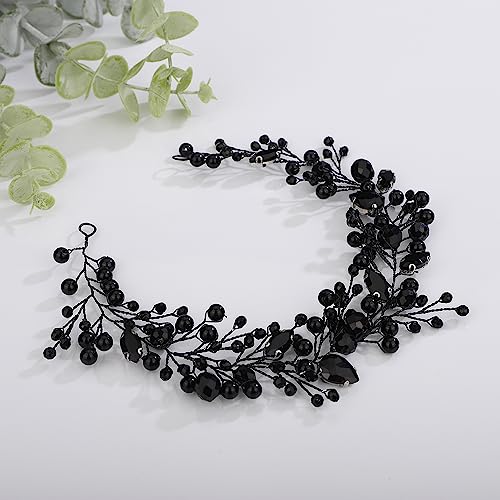 Teyglen Bridal Black Rhinestone Crystal Hair Vine Black Crystal Headband Hair Accessories for Bride Handmade Black Beads Hair Piece Boho Pearl Crystal Headpiece for Women Girl Party Prom (Black)