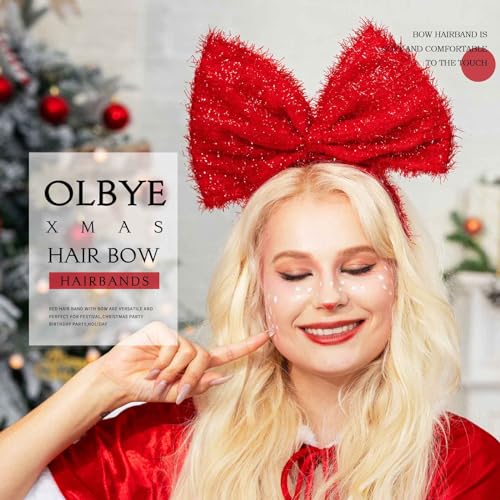 Olbye Christmas Headbands Red Bow Hairbands Xmas Hair Hoop Big Bowknot Headband Holiday Headpiece Cosplay Party Props Christmas Costume Accessories for Women Girls (A-Red)