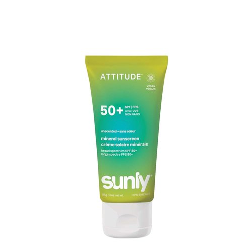 ATTITUDE Mineral Sunscreen SPF 50, Broad Spectrum Zinc Oxide, EWG Verified, Mineral-Based, Non-Nano, Lightweight Cream, Vegan, Unscented, 3 Oz