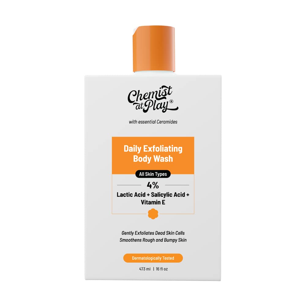 Chemist At Play Body Wash Exfoliating For Dry Rough Bumpy Strawberry Skin With 1% Salicylic Acid 2% Lactic Acid And Ceramides For Men And Women 16 Ounce