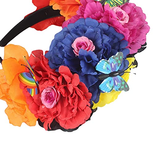 Mexican Flower Crown Headband with Butterfly, Day of the Dead Headpiece, Halloween Easter Festival Headwear, Dia De Los Muertos Hairhoop (Mexican B)