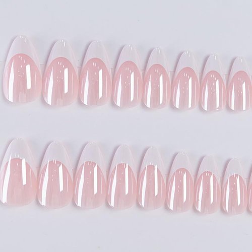 FJSMTOPl Press On Nails - Almond Fake Nails - French Tip False Nails Press ons - Medium Glue on Nails with Chrome Design - for Women Stick on Nail 24Pcs