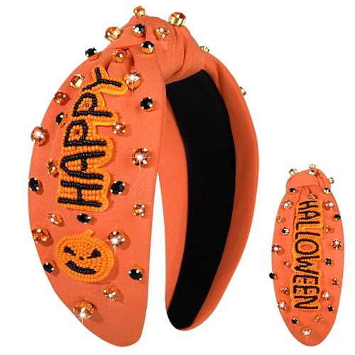 CEALXHENY Halloween Headbands for Women Halloween Accessories Beaded Boo Pumpkin Ghost Headband Rhinestone Pearl Knotted Headbands