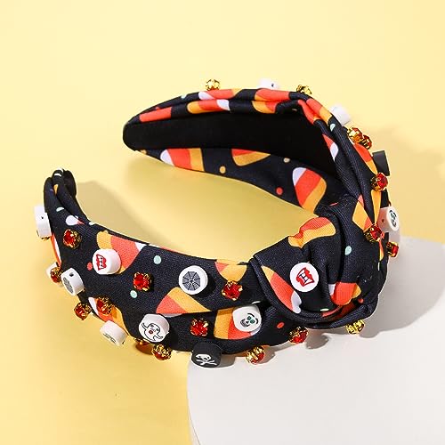 Halloween Headband Black Halloween Skull Candy Corn Print Wide Knotted Headband Accessories forWomen Rhinestone Bead Halloween Themed Charm Top Knot Headband Halloween Costume Party Hair Accessory