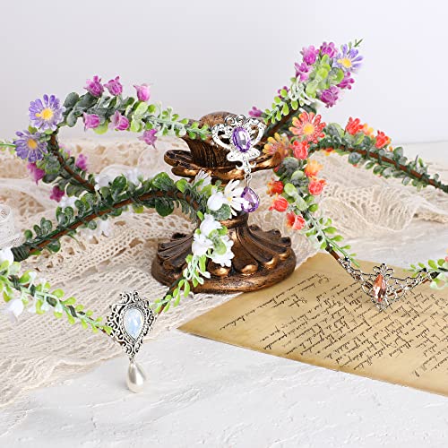 MOSTORY Woodland Fairy Flower Crown - Floral Elf Headpiece with Crystal V-shape Elven Tiara Wreath Boho Headband for Women Girl Renaissance Cosplay Halloween Christmas Party Wedding