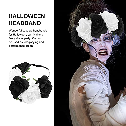 Lurrose Halloween Flower Headband Day of The Dead Flower Hair Band Rose Flower Crown Floral Headpiece for Halloween Wedding Party, Black White