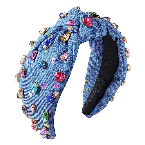 MOLOCH Crystal Knotted Headbands for Women Floral Heart Rhinestone Headbands Jeweled Embellished Wide Headband Summer Beach Party Hair Accessories (Blue)