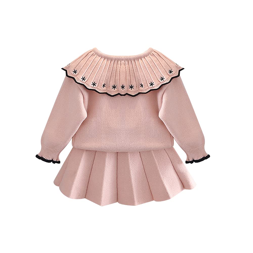 Toddler Baby Girls Autumn Winter Fall Clothes Knit Long Sleeve Ruffle Sweater Top+Pleated Mini Tutu Skirt 2pcs Outfit for Kids Princess Casual Playwear Homewear Clothing Set Pink-Black 4-5T