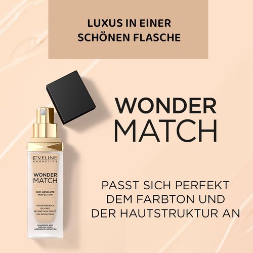 Eveline Cosmetics Wonder Match Foundation - Hydrating, Adaptive Formula for All Skin Types - Long-Lasting Satin Finish