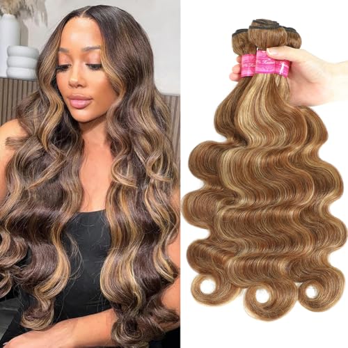 Seekomi Ombre Human Hair Bundles Highlight 4/27 Body Wave Bundles Human Hair 16 18 20 Inch 12A 100% Virgin Colored Brown and Blonde 3 Bundles Human Hair Double Weft Quick Weave for Women, 300g