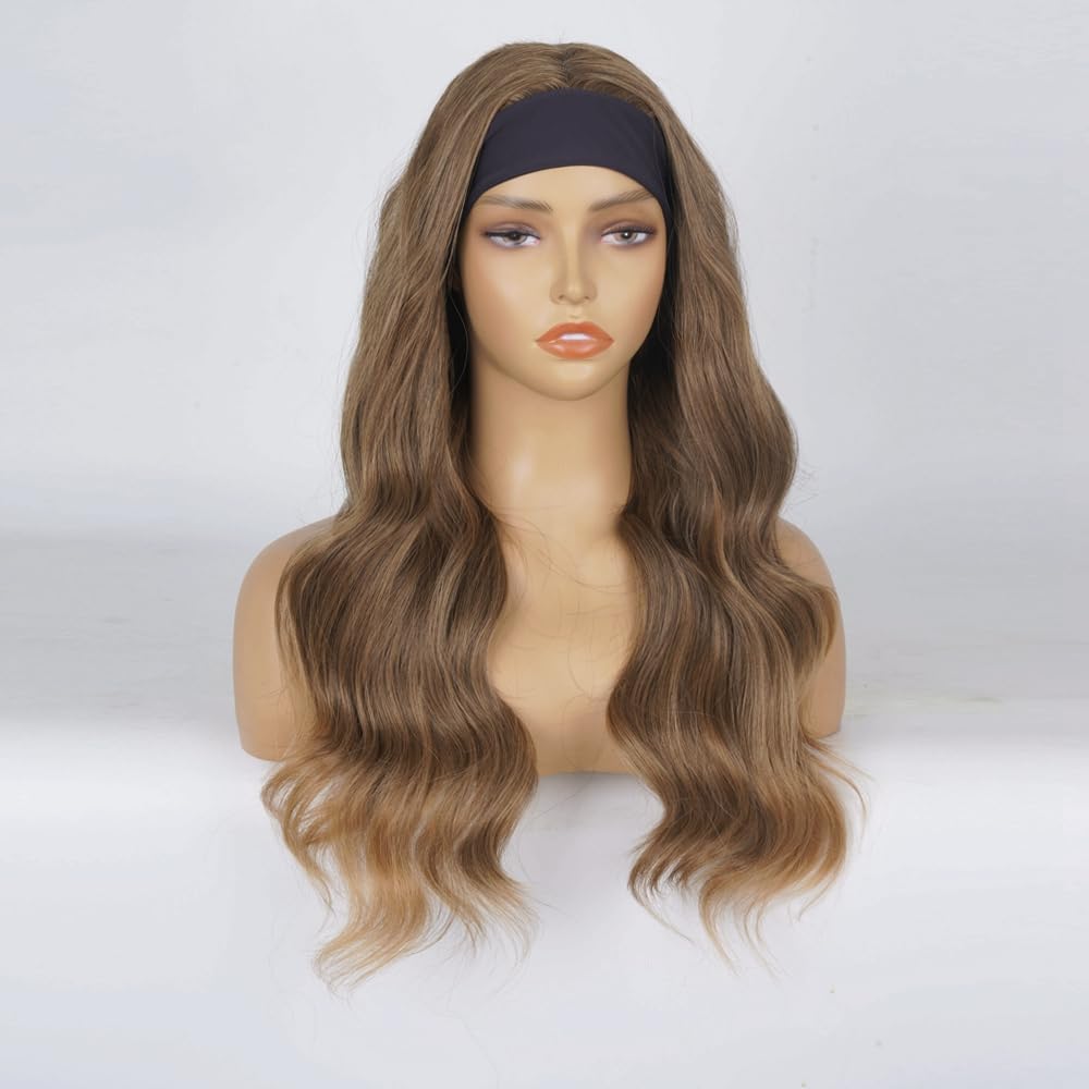 Long Wavy Headband Wigs for White Women, Gluless Wear and Go Half WIg, Natural Looking Synthetic Wig with Headband Attached Heat Resistant (Brown mixed Blonde)