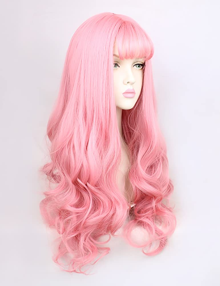 Sharebeauty Synthetic Women Natural Wavy Curly Full Wig with Straight Bangs Pink