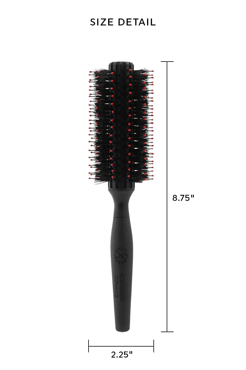 Cricket Static Free RPM 12 Row Deluxe Boar Bristle Round Hair Brush for Blow Drying, Curling and Styling Roller Hairbrush for Medium Length Hair, Facial Hair Grooming and All Hair Types