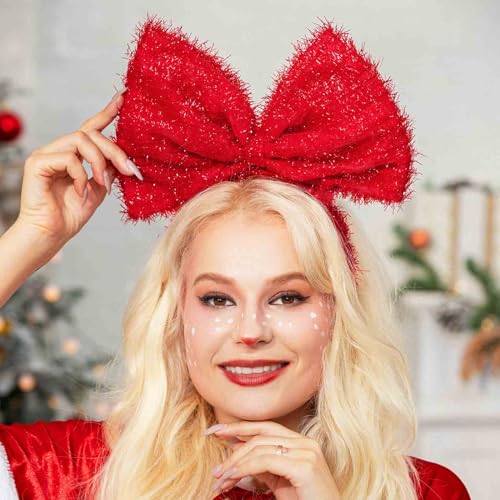 Olbye Christmas Headbands Red Bow Hairbands Xmas Hair Hoop Big Bowknot Headband Holiday Headpiece Cosplay Party Props Christmas Costume Accessories for Women Girls (A-Red)