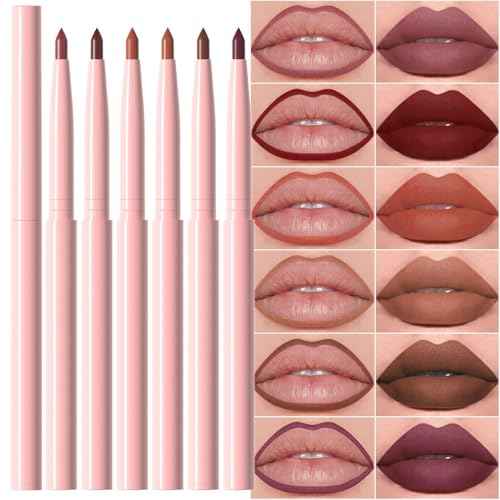 evpct 6Pcs Retractable Lip Liner Pencils Set Pack for Shaping & Sculpting Lips, Mauve Maroon Red Orange Nude Chocolate Dark Brown Plum Creamy Matte Gel Lip Liner Lipliners Pencil delineador de labios