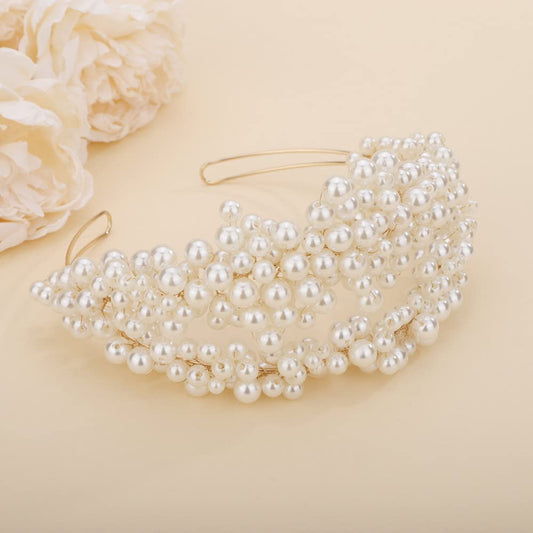 Teyglen Wedding Pearl Headband Bridal Pearl Beads Tiara Crown Floral Princess Hair Crown Hair Pieces Hair Accessories for Women Bride Prom Birthday Party (Ivory)