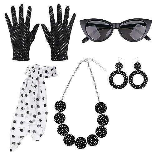 BXT 1950s Women Costume Accessory Set - 50s Vintage Polka Dot Jewelry, Gloves, Hairband, Scarf, Glasses for Halloween