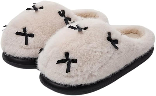 Skiennix Bow Slippers - Cozy Fuzzy Memory Foam House Shoes for Men & Women | Plush Indoor/Outdoor Winter Footwear