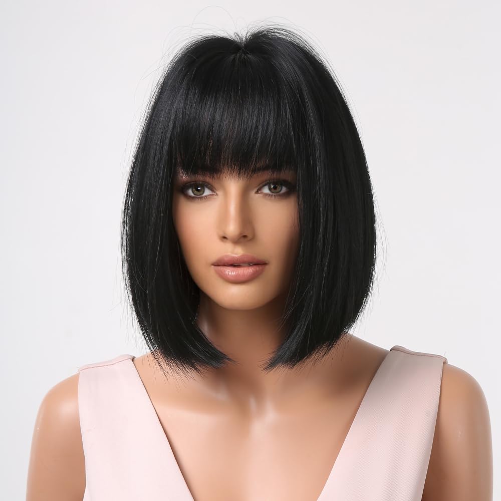 BERON Black Wig for Women Black Bob Wig Short Straight Black Wig with Bangs Synthetic Heat Resistant Wig Cap Included