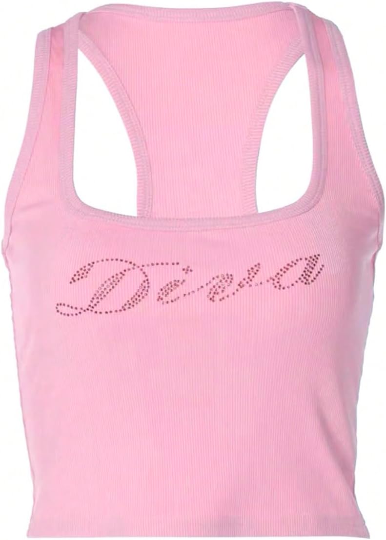 WDIRARA Women's Rhinestone Racerback Crop Tank Top - Y2K Style Sleeveless Rib Knit in Multiple Colors