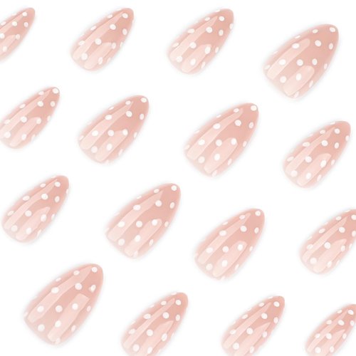 Polka Dot Press on Nails Short Almond Fake Nails Cute False Nails Press ons with White Dots Design Full Cover Stick on Nail for Women Manicure,Glossy | Reusable | Nail Sticky Tab | Easy Apply | 24Pcs