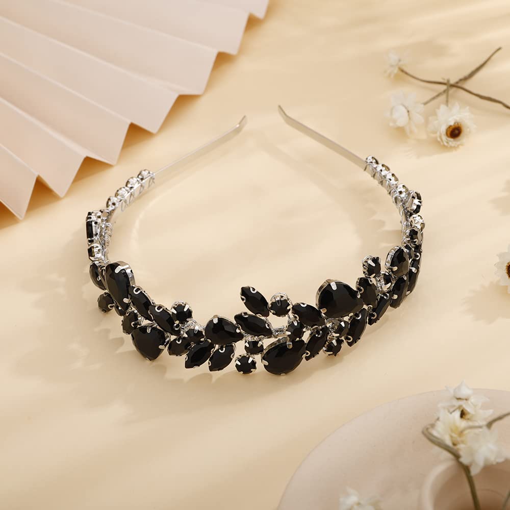 Teyglen Bridal Black Crystal Headband Handmade Crystal Rhinestone Hair Band Vintage Blue Black Red Headpieces Full Crystal Hair Hoop Wedding Hair Accessories for Women Bride Girl Party Prom