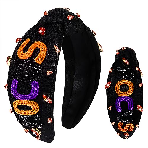 Halloween Headband Accessories for Women Crystal Pearl Knotted Headband Embellished Beaded Pumpkin Candy Corn Boo Headbands Rhinestone Jeweled Wide Top Knot Headband Costume Party Favors (HOCUS POCUS)