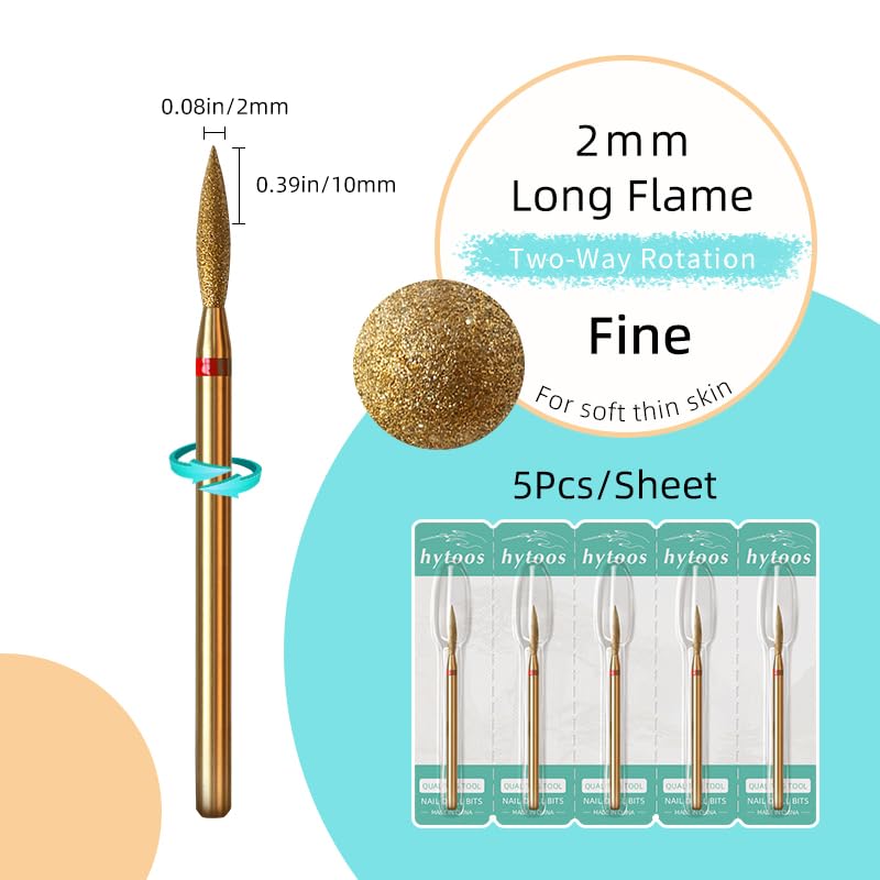 HYTOOS 2mm Long Flame Cuticle Clean Nail Drill Bits, 5Pcs/Set Titanium Russian Diamond Nail Bit Professional Safety Under Nail Cleaner Burr for Cuticle Dead Skin, Electric Drill Accessories, Fine
