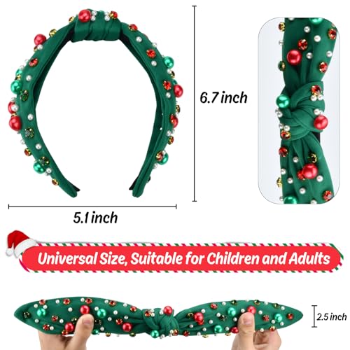 KESOCORAY Christmas Rhinestone Headband for Women Beaded Pearl Knotted Wide Top Knotted Headbands Xmas Hair Accessories Gifts(Green A)