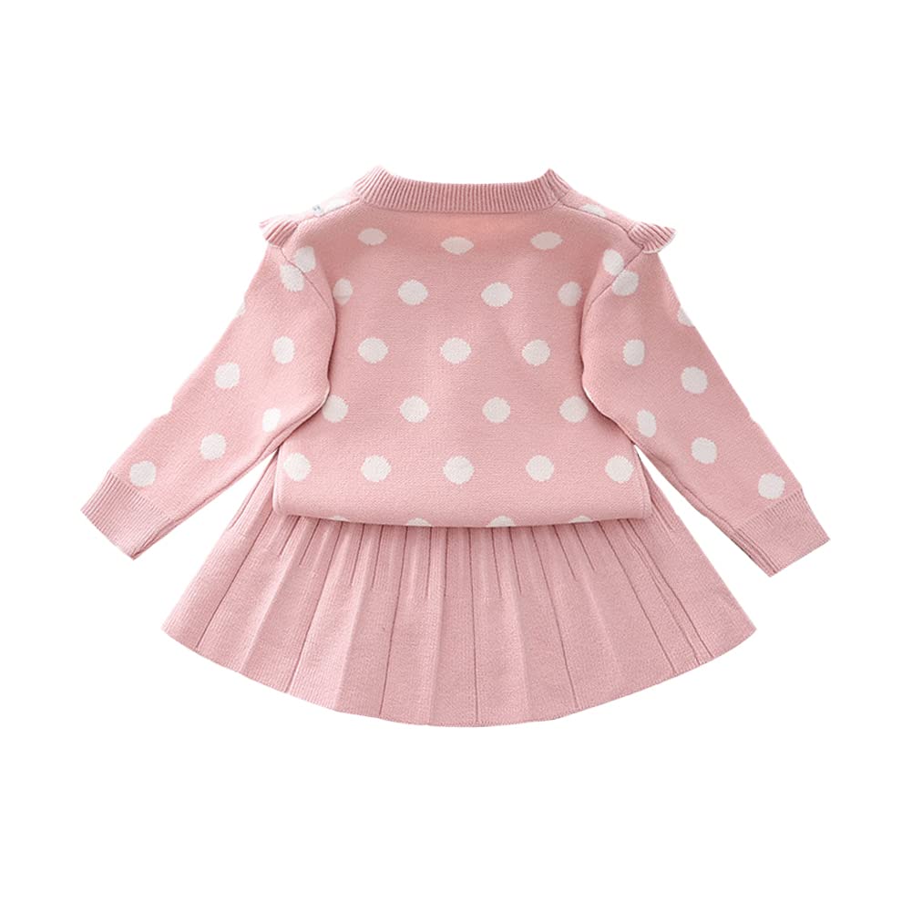 Girls Autumn Winter Fall Clothes Knit Long Sleeve Ruffle Sweater Top+Pleated Mini Tutu Skirt 2pcs Outfit for Kids Princess Casual Playwear Homewear Clothing Set Pink-Polka Dots 18-24 Months