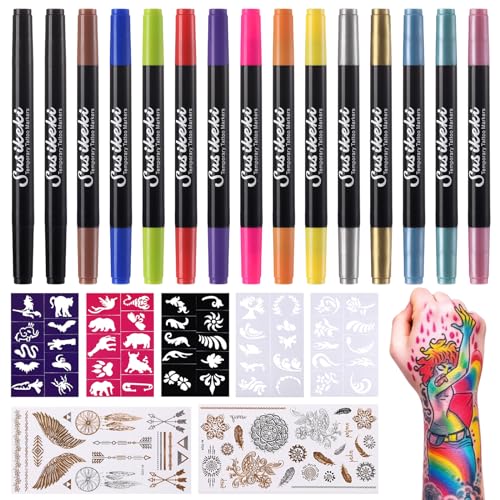 Temporary Tattoo Markers for Skin,15PCS Dual-Ended Tattoo Pen + 50 Paint Stencils + 43 Tattoos Stickers,Glitter & Matte & Neon Glow Body Marker Set, Removable Fake Tattoos Kit for Teens and Adult