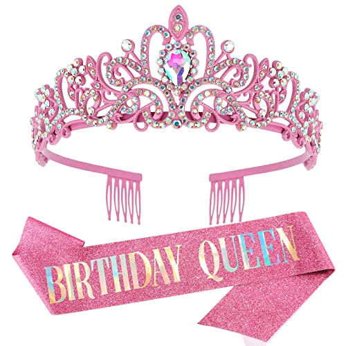 "Birthday Queen" Sash and Crystal Tiara Set Tiara and Crowns for Women COCIDE Birthday Gift for Girl Kit Decorations Set Rhinestone Hair Accessories Glitter Stain Silk Sash for Party