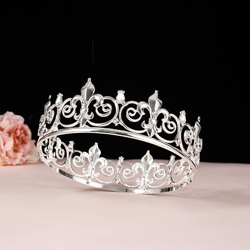 Royal Full King Crown Metal Crowns And Tiaras For Men Cosplay Prom Party Decorations Crown Headpieces Accessories (Silver)