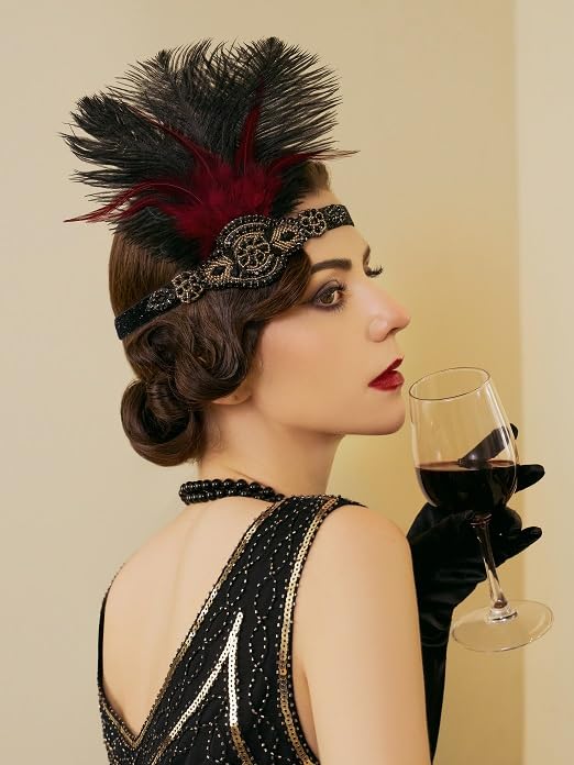 SWEETV 1920s Headpiece Flapper Headband, Feather Rhinestone Roaring 20s Great Gatsby Hair Accessories for Women,Wine Red