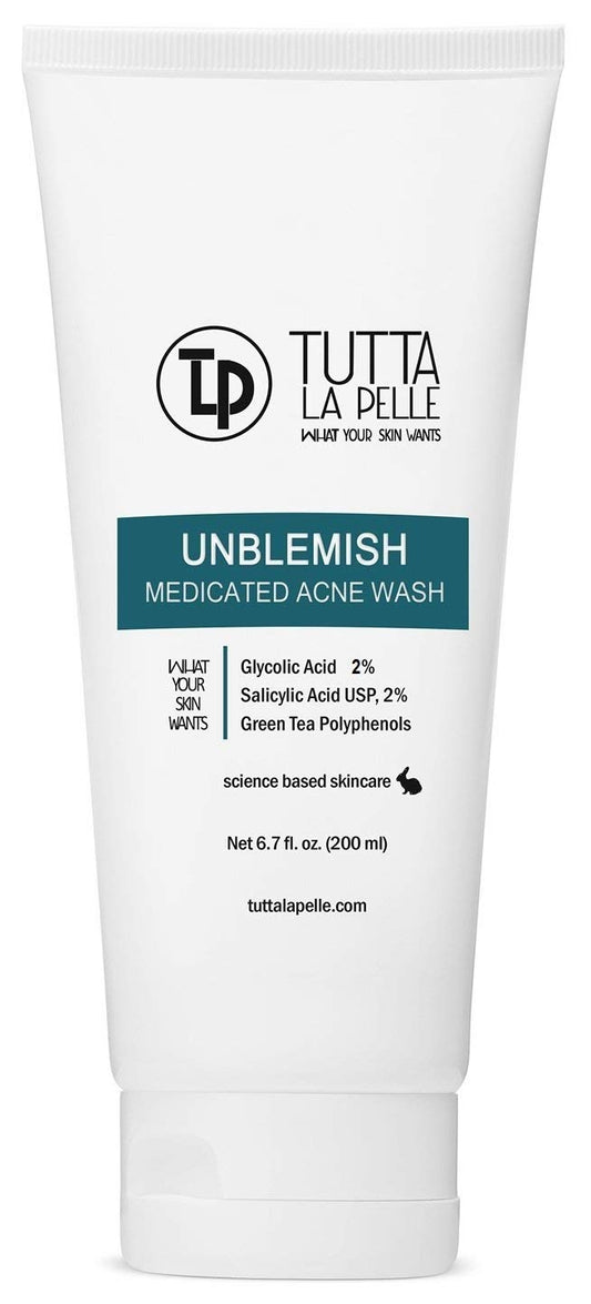 Exfoliating Face Wash Glycolic Acid 2% Salicylic Acid 2% - Medicated Unblemish Cleanser AHA BHA Acne Wash, with calming green tea, oil free, Helps for Acne, Oiliness, Blackheads, Cystic Acne 6.7 Fl Oz
