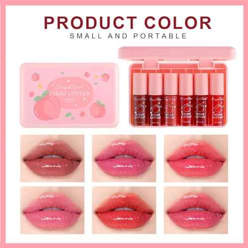 Eakroo 6 Colors Peach Lip Stain Set, Korean Lip Gloss Mini Liquid Lip Tint, Lipstick for Women, Liquid Blush, Lip Plumper, Lip Stain Long Lasting Waterproof, High Pigment, Vivid Color, Cute Stuff