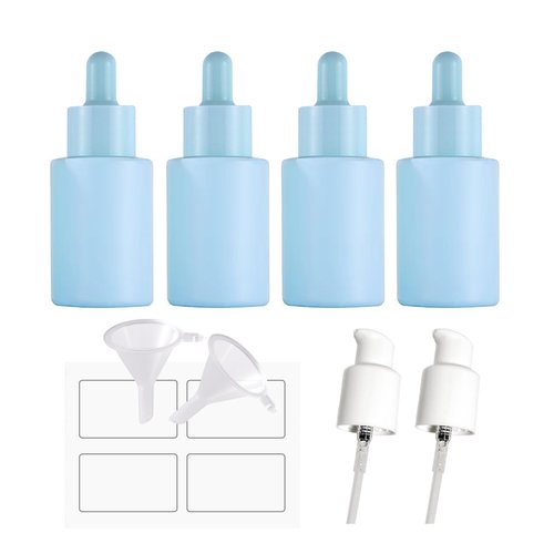 AGENIZ 4 Pack 1oz Glass Dropper Bottle,Blue Glass Dropper Bottles with 2 Funnels & 2 Lotion Pumps,30 ml Eye Dropper Bottles For Essential Oils,Serums,Lotion,Tincture Bottles (D-Blue)