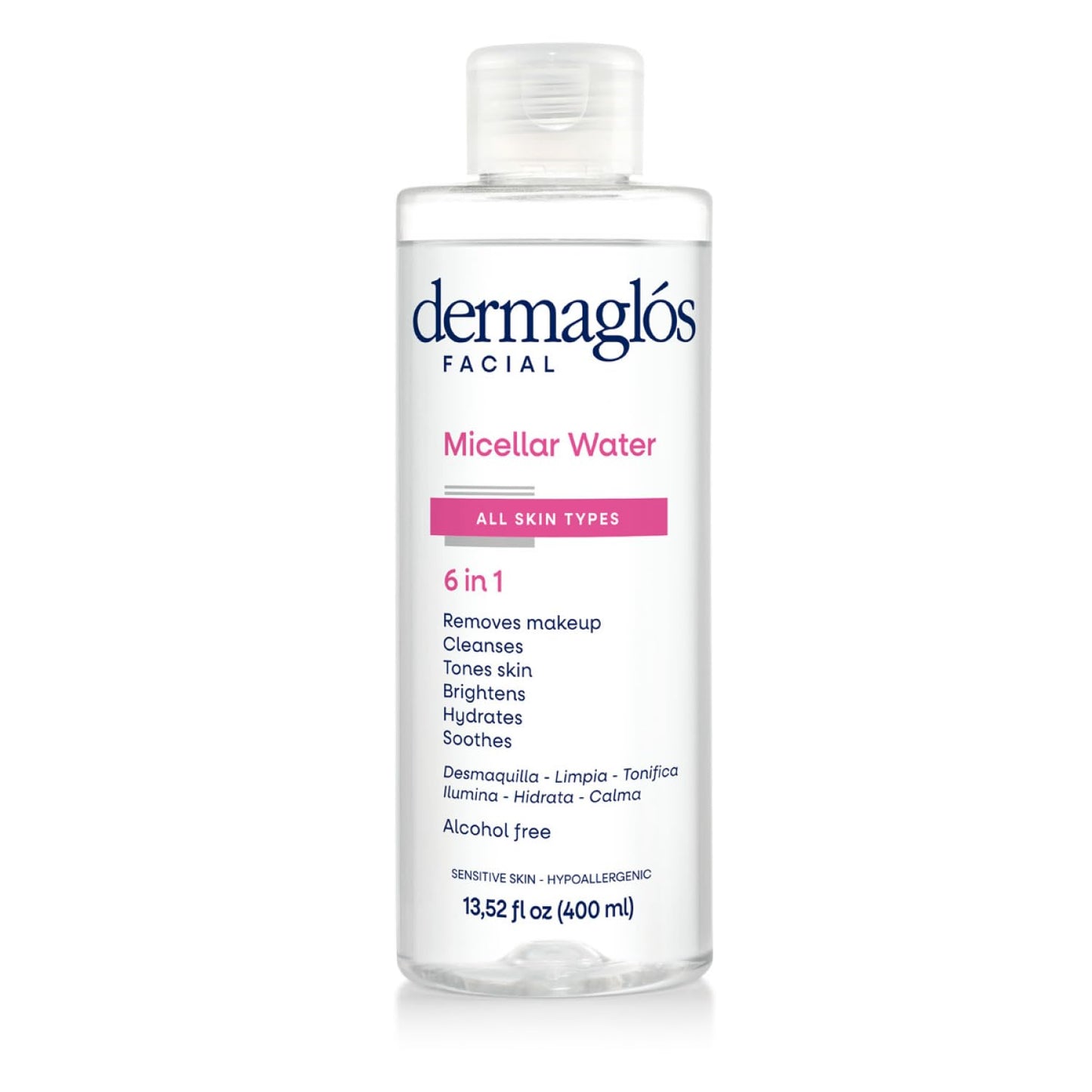 Dermaglos Micellar Water - All-In-One Hydrating Facial Cleanser & Makeup Remover | 13.52 Fl Oz, Alcohol-Free, Soothing Formula