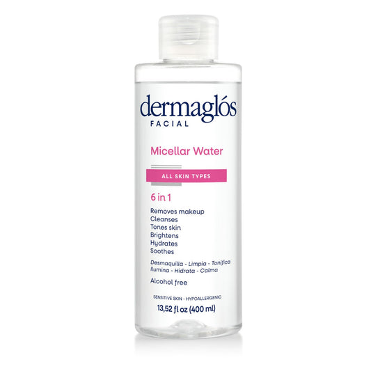 Dermaglos Micellar Water - All-In-One Hydrating Facial Cleanser & Makeup Remover | 13.52 Fl Oz, Alcohol-Free, Soothing Formula