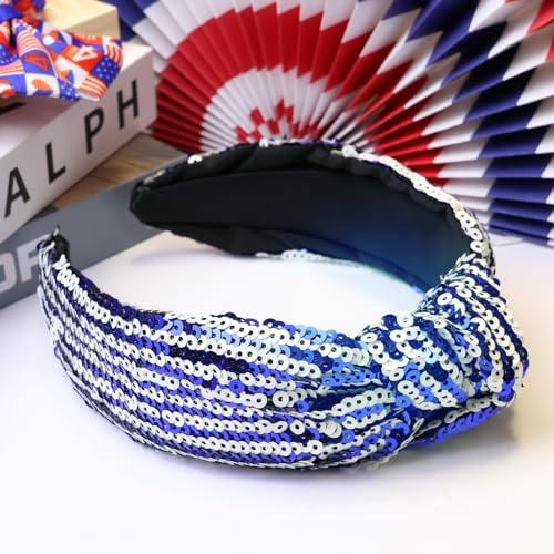 VHWMHEAD 4th of July Headbands - 4th of July Sequin Knotted Headbands for Women Girls Blue White Hairband Sparkly Wide Hair Bands Glitter Headband Patriotic Hair Accessories