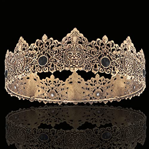 LEEMASING King Men Gold Tiara Crown Imperial Medieval Headband Crystal Pageant Costumes For Wedding Halloween Faire Birthday (Dark Gold With Black Stone)