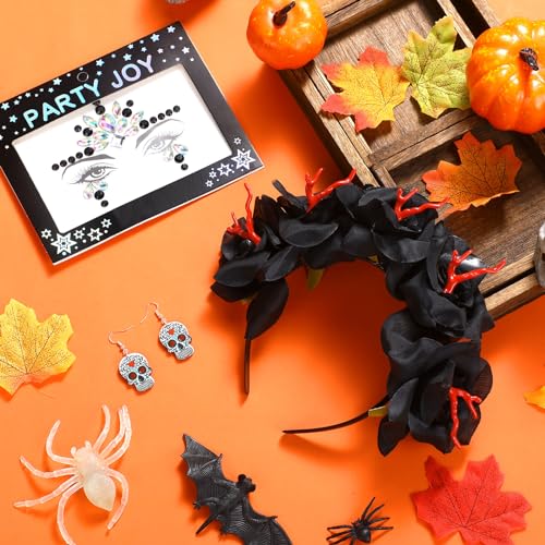 Riceshoot 3 Pcs Day of the Dead Costumes Accessories for Women Halloween Headbands Skull Earrings Gems(Black Hue)