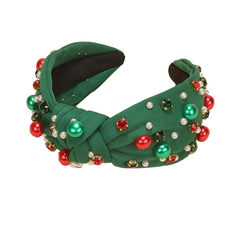 vowyore Christmas Pearl Knotted Headband for Women Red Green Pearl Rhinestone Crystal Jeweled Hairband Fashion Elegant Ladies Wide Knot Head Band Headpieces Hair Accessories