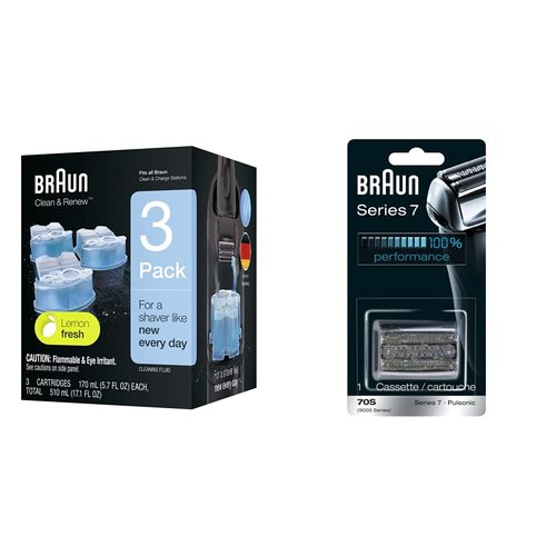 Braun Series 7 70S Electric Shaver Head Replacement Cassette - Clean & Renew Refill Cartridges, Blue, 3 Count