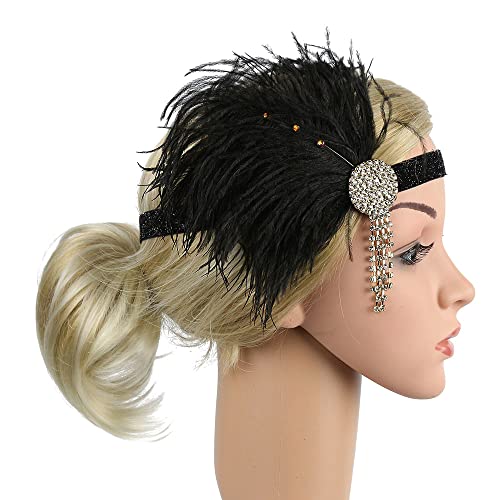 STIOEDYUAN 1920s Flapper Headband Hair Accessories For Women Roaring 20s Feather Headpiece Hair Band Vintage Gatsby Party Rhinestone (Black+Gold)