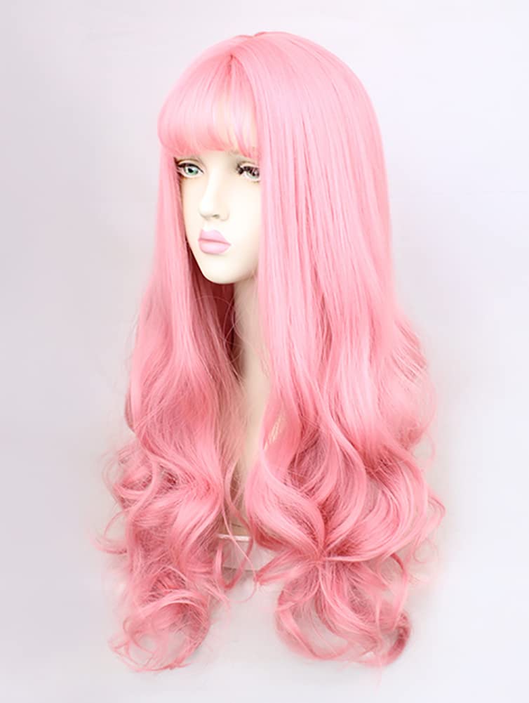 Sharebeauty Synthetic Women Natural Wavy Curly Full Wig with Straight Bangs Pink