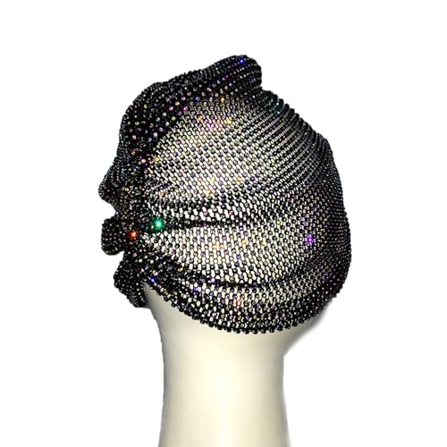 Sparkly Rhinestones Mesh Headband Beanie Women Girls Crystal Net Turban Headwrap Headpiece Glittery Christmas Halloween Costume Hairbands Nightclub Rave Party Head Cover Wraps Headscarf