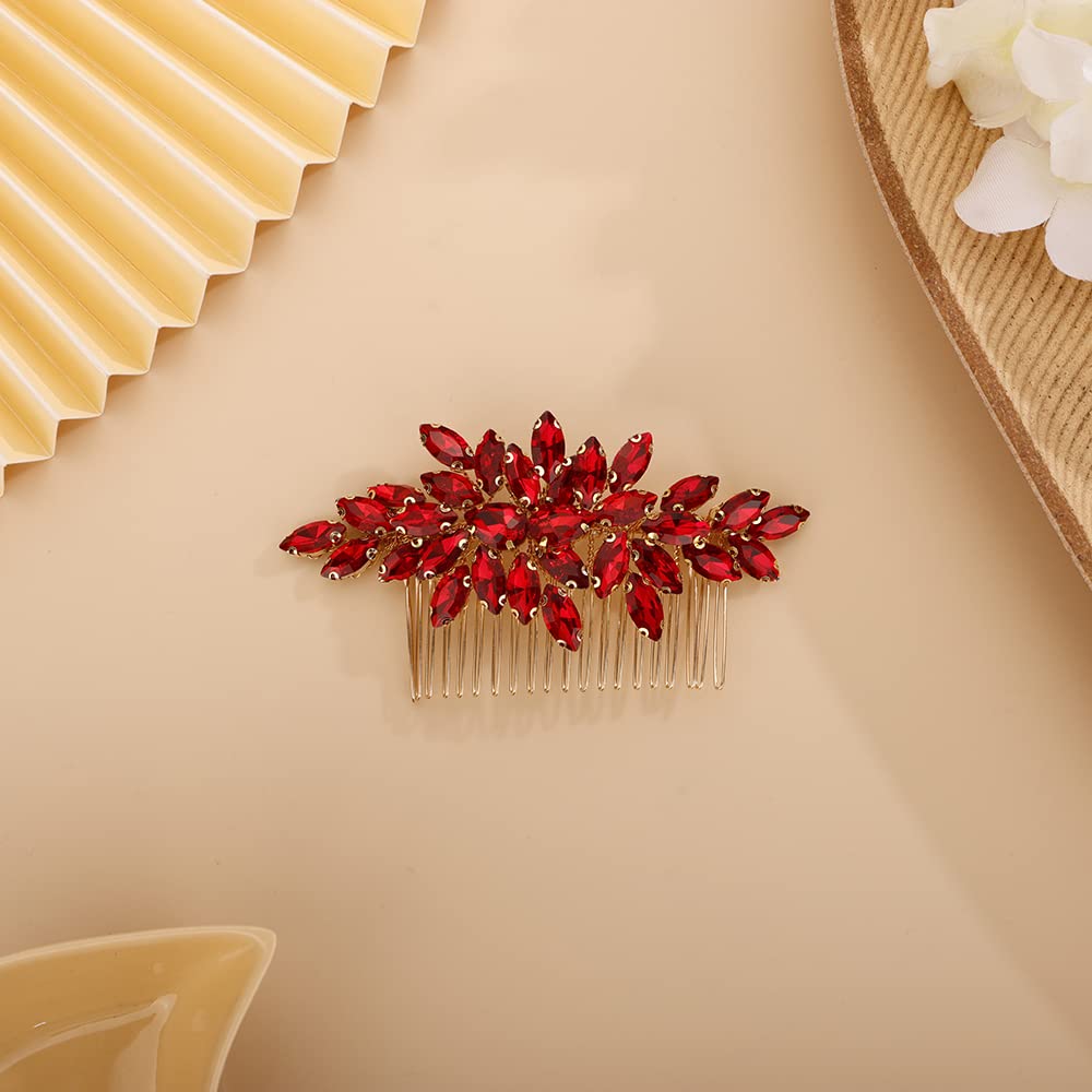 BERYUAN Crystals Hair Comb for Bride for Women for Girls Cute Teardrop Hair Comb Slide Multi-Color RED