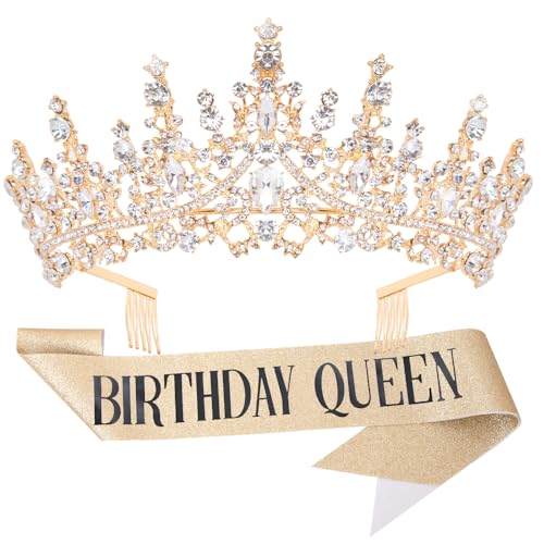 Bolonar Gold Crystal Birthday Crown for Women Birthday Queen Tiara with Combs Glitter Birthday Sash Happy Birthday Party Decorations Birthday Gifts