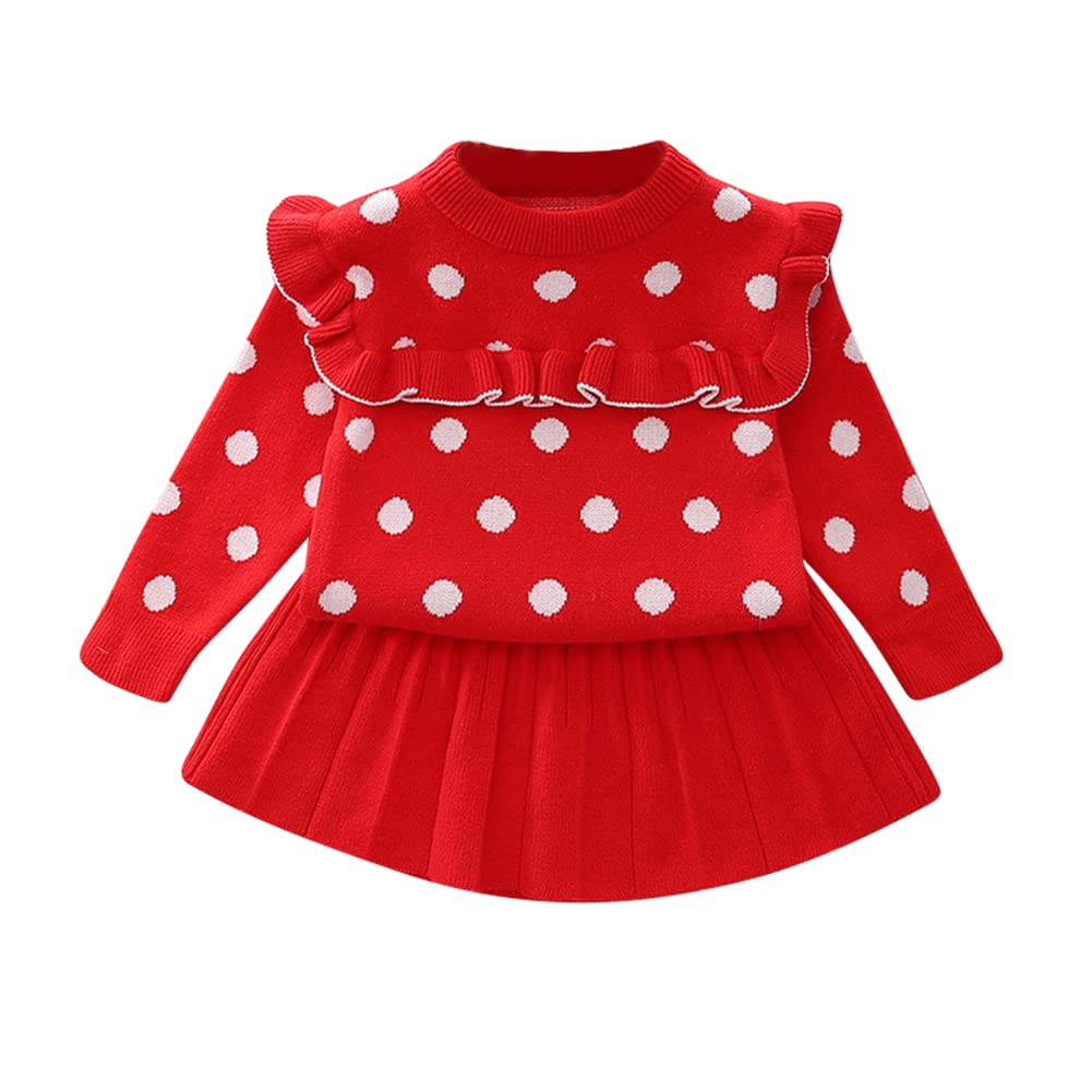 Baby Girls Autumn Winter Fall Clothes Knit Long Sleeve Ruffle Sweater Top+Pleated Mini Tutu Skirt 2pcs Outfit for Kids Princess Casual Playwear Homewear Clothing Set Red-Polka Dots 12-18 Months